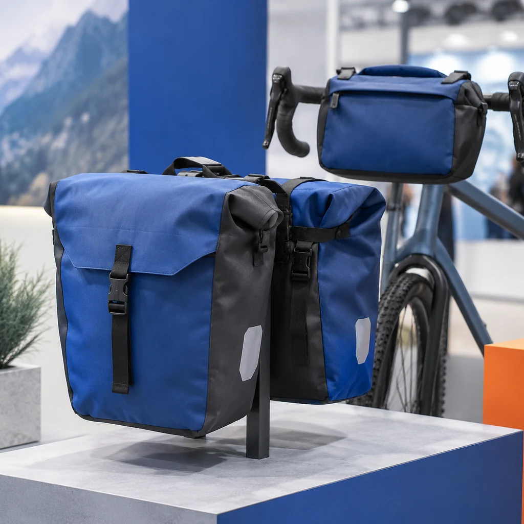 Waterproof panniers and a handlebar bag on a display stand