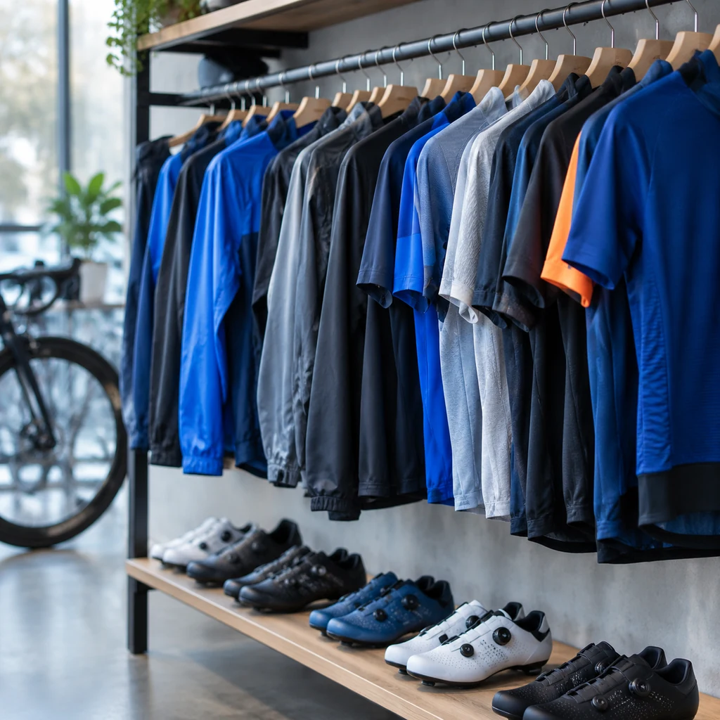 Rail of cycling jackets with cycling shoes on a shelf below