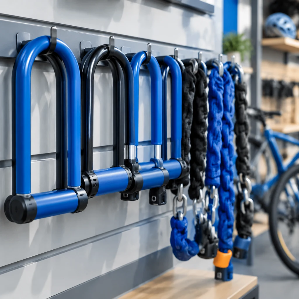 Row of U-locks and chain locks on a shop display