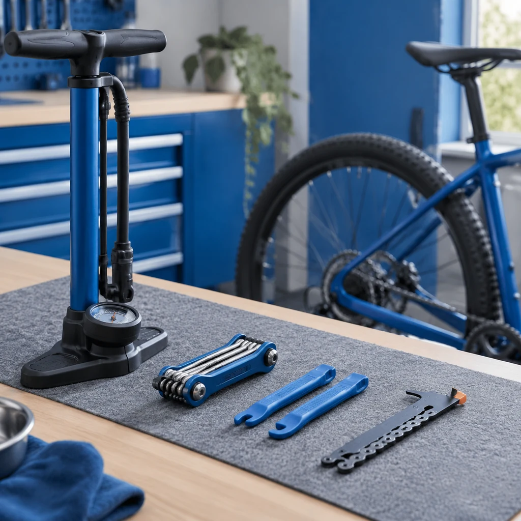 Floor pump, multi-tool and tyre levers on a workshop bench