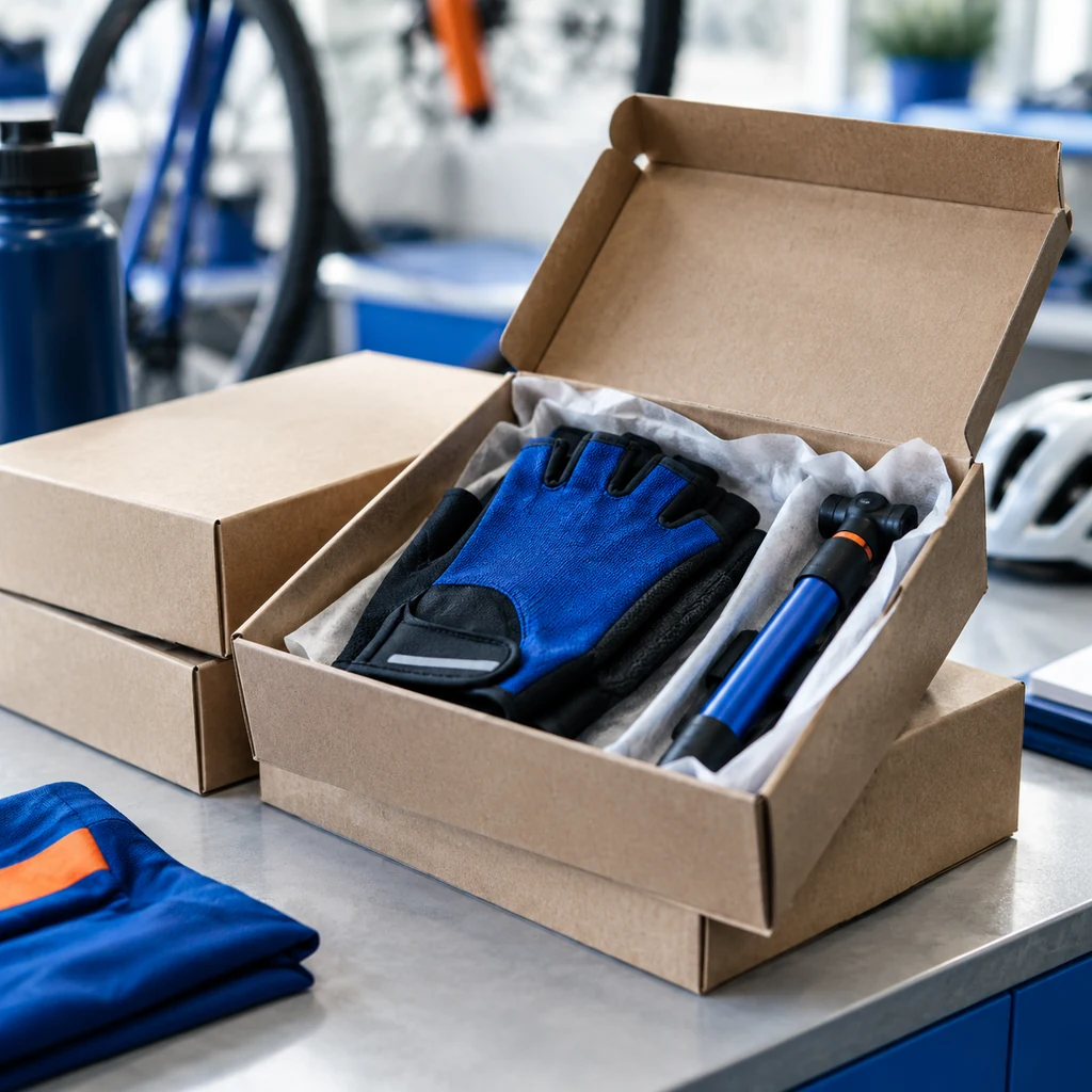Open sample box with a cycling glove and a mini pump on a shop counter
