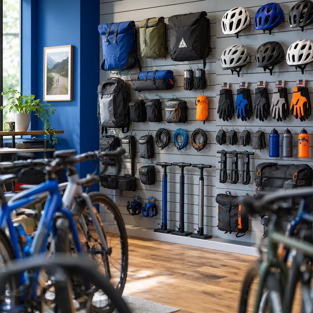 Independent bike shop with a wall of bags, locks, pumps and gloves on display