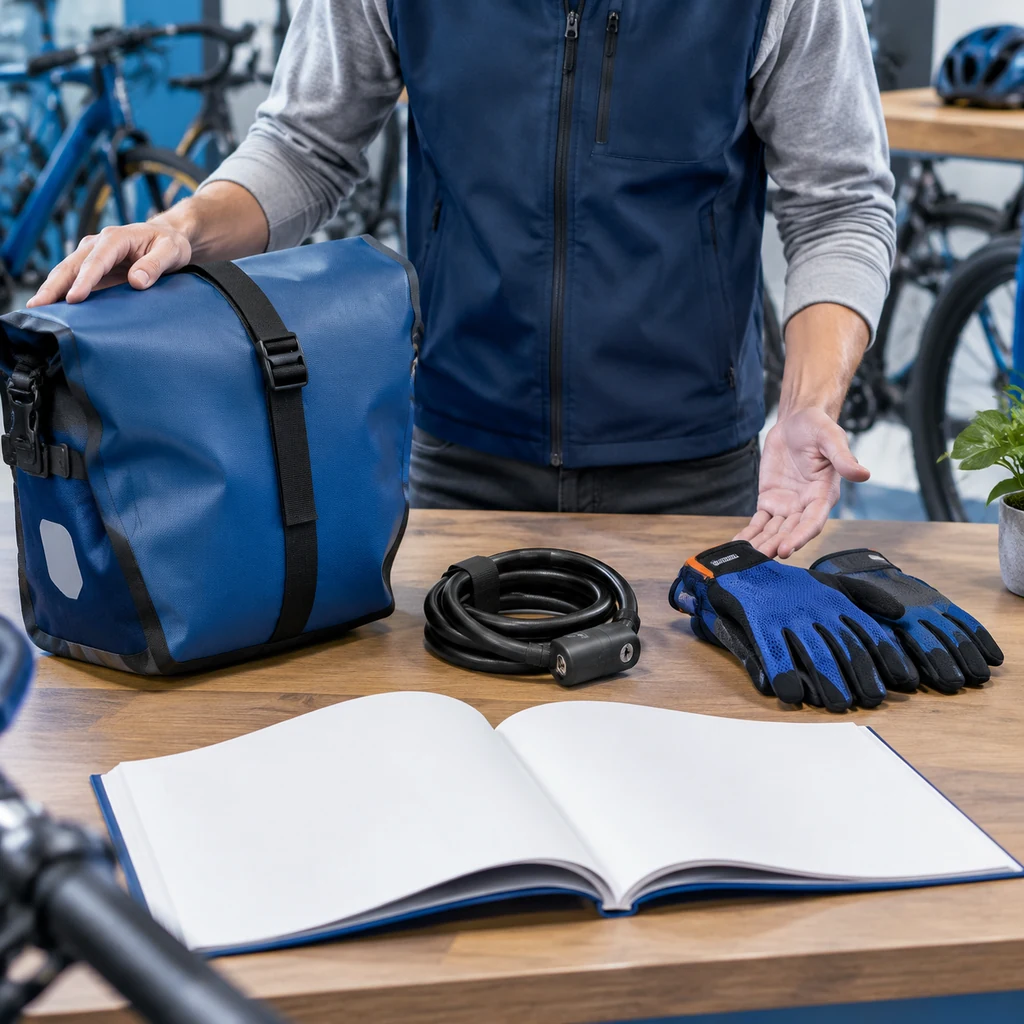 Agent laying out a pannier, a lock and gloves on a shop counter
