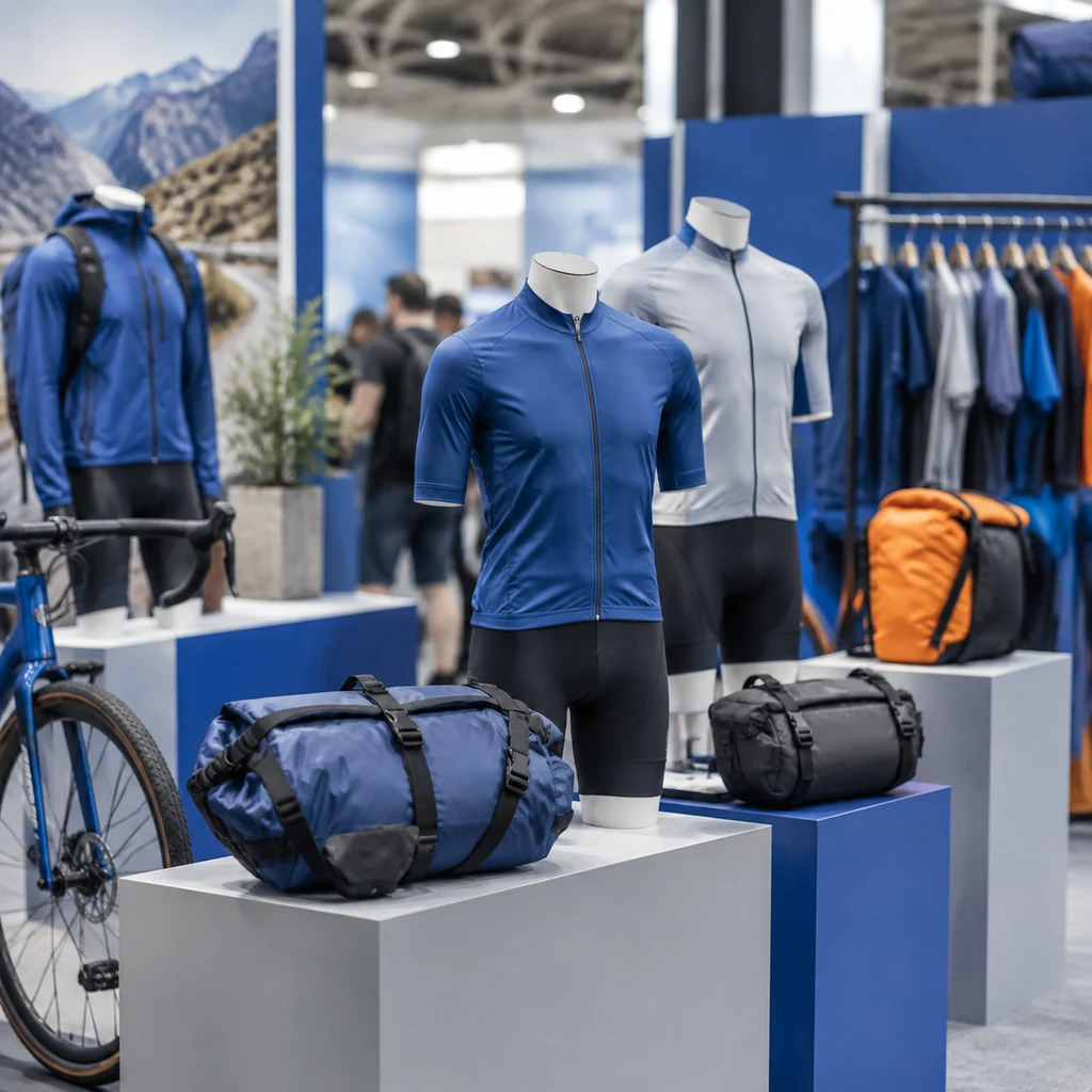Trade show stand with bike bags and cycling clothing