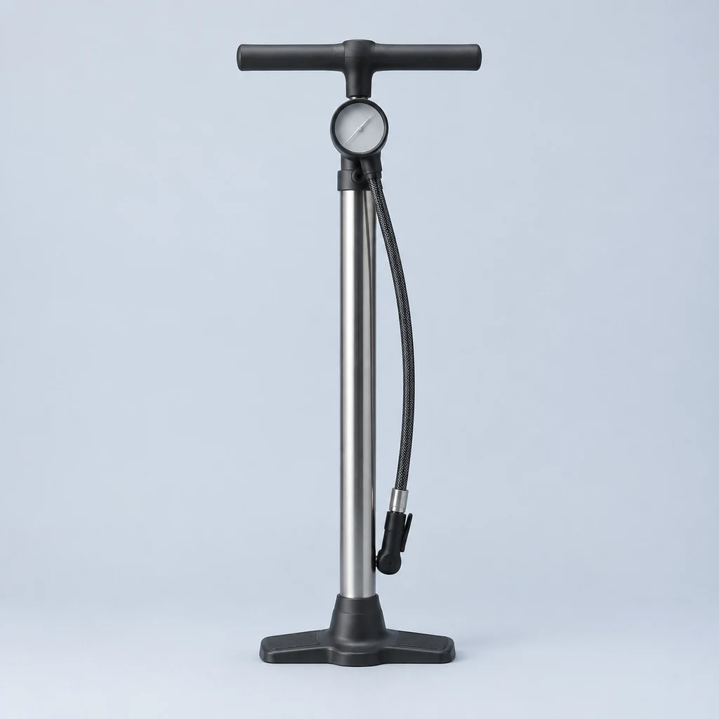 Tall steel track pump with gauge and braided hose