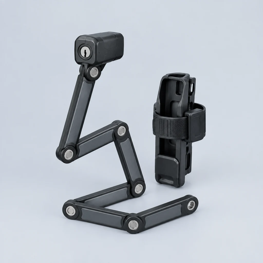 Partly unfolded steel plate folding lock with holster