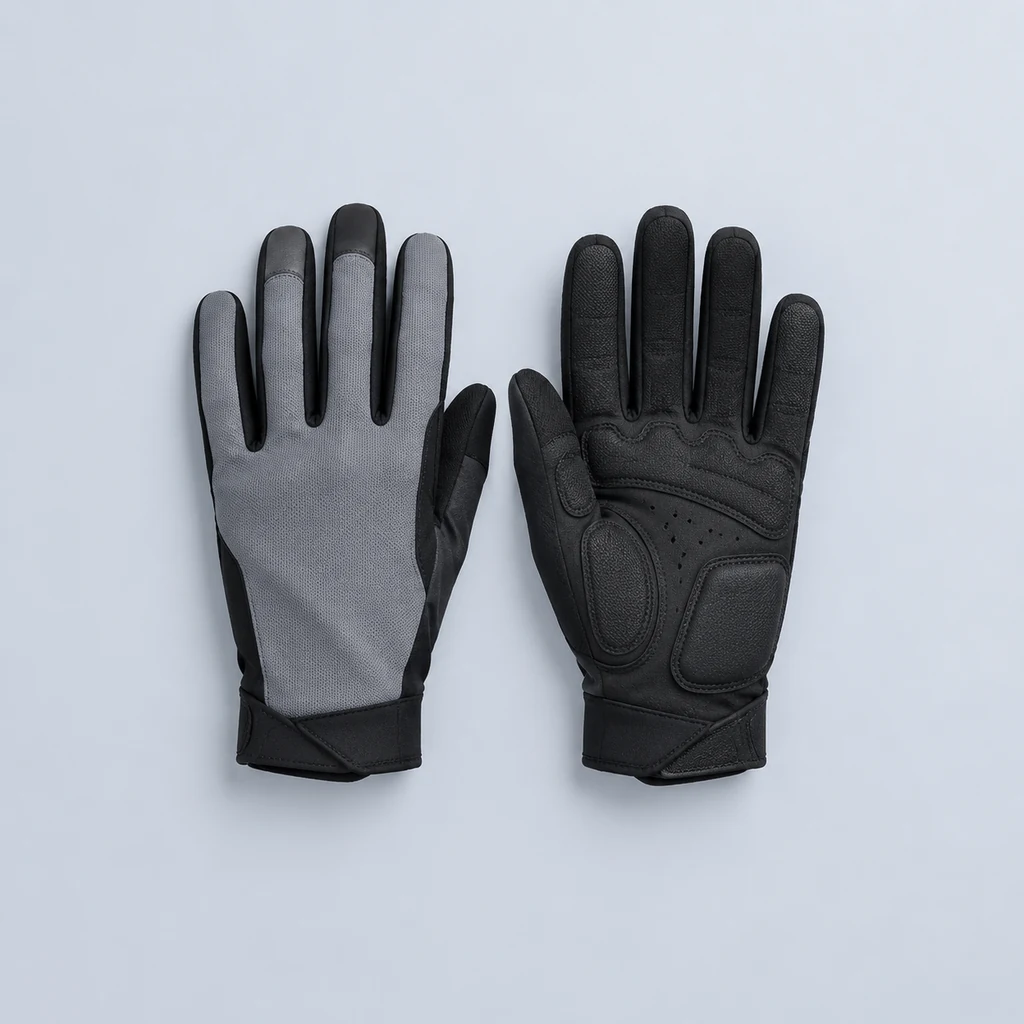 Pair of grey and black full-finger cycling gloves