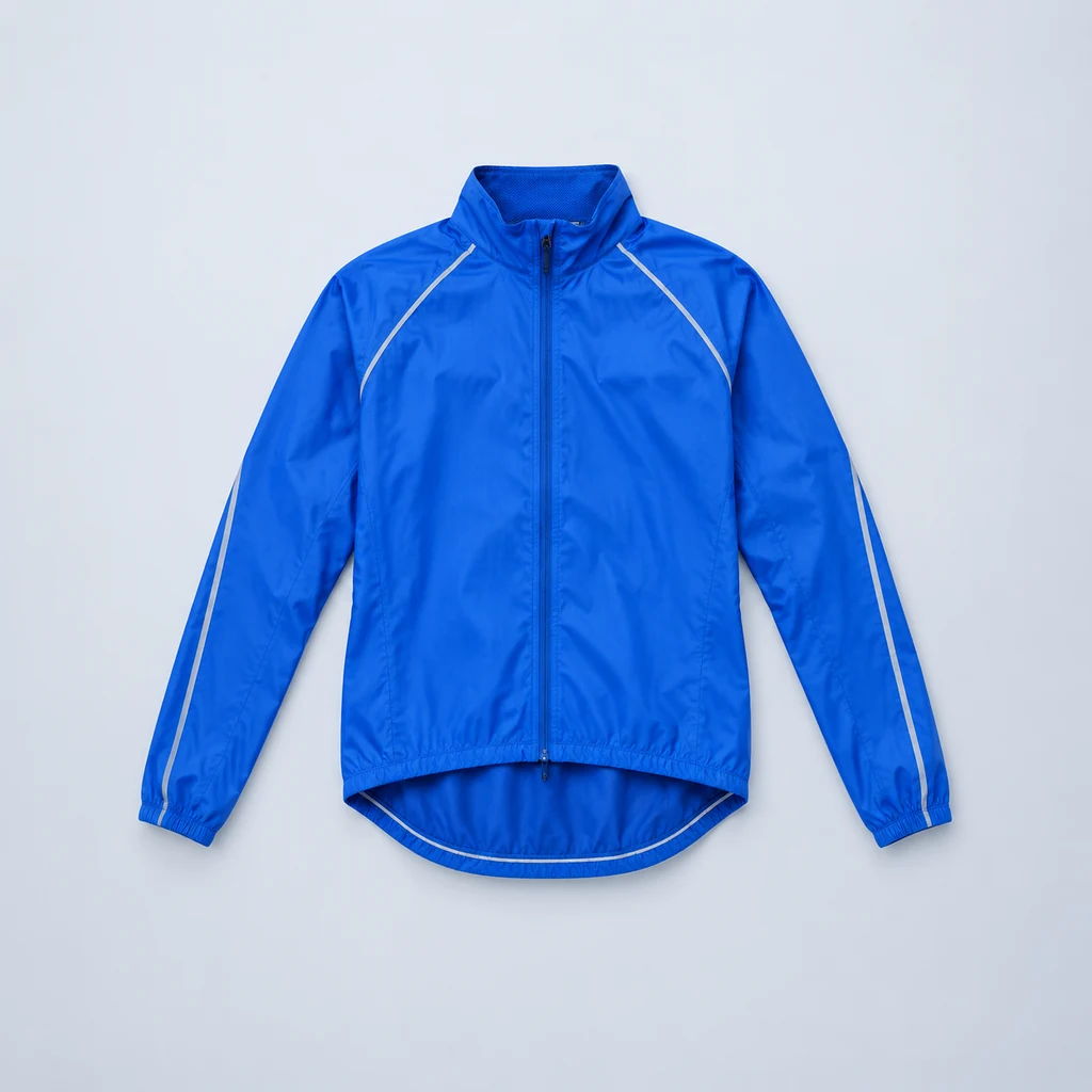 Cobalt blue packable cycling rain jacket laid flat