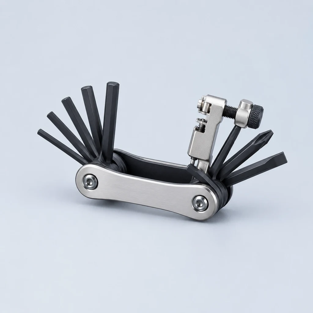 Folding bike multi-tool with hex keys fanned out