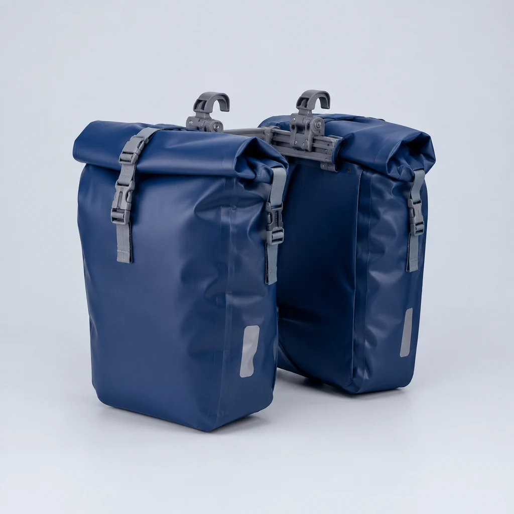 Pair of blue roll-top waterproof panniers