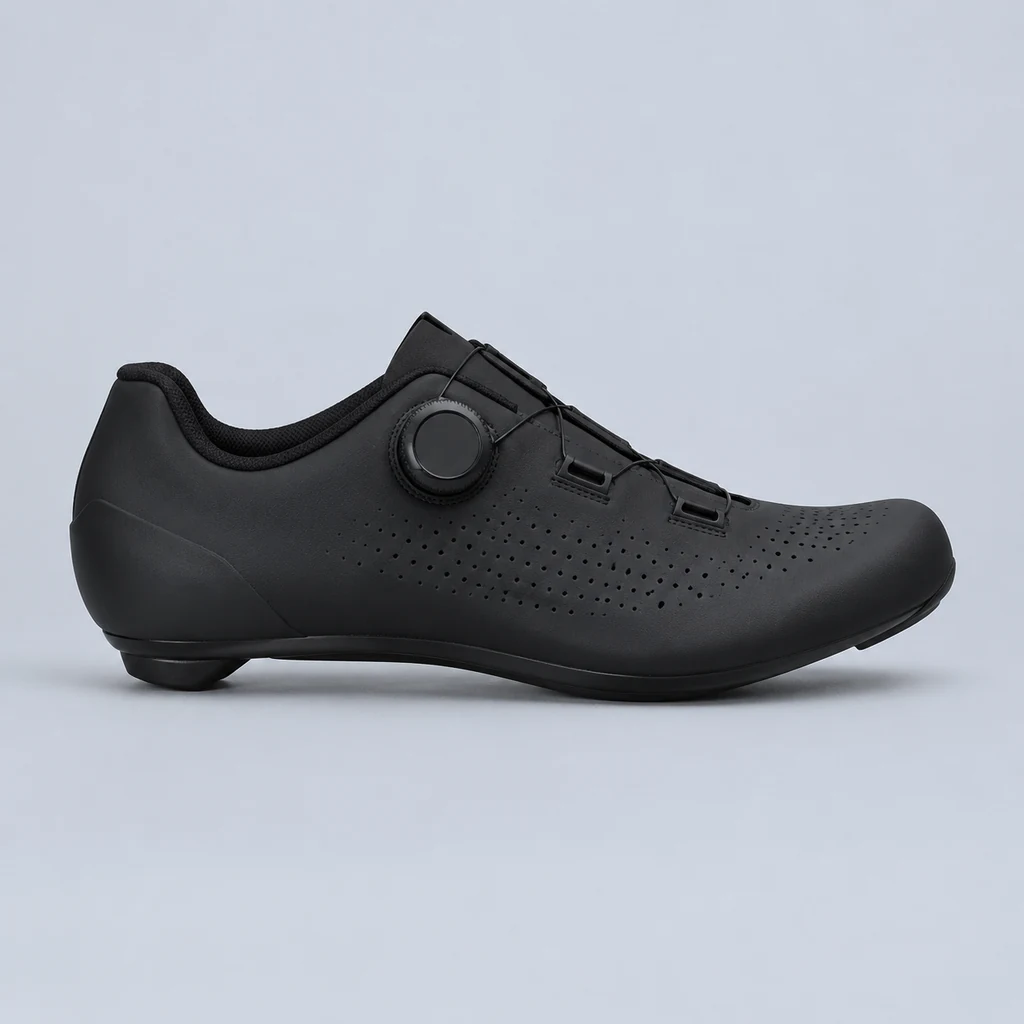 Pair of black road cycling shoes with dial closure