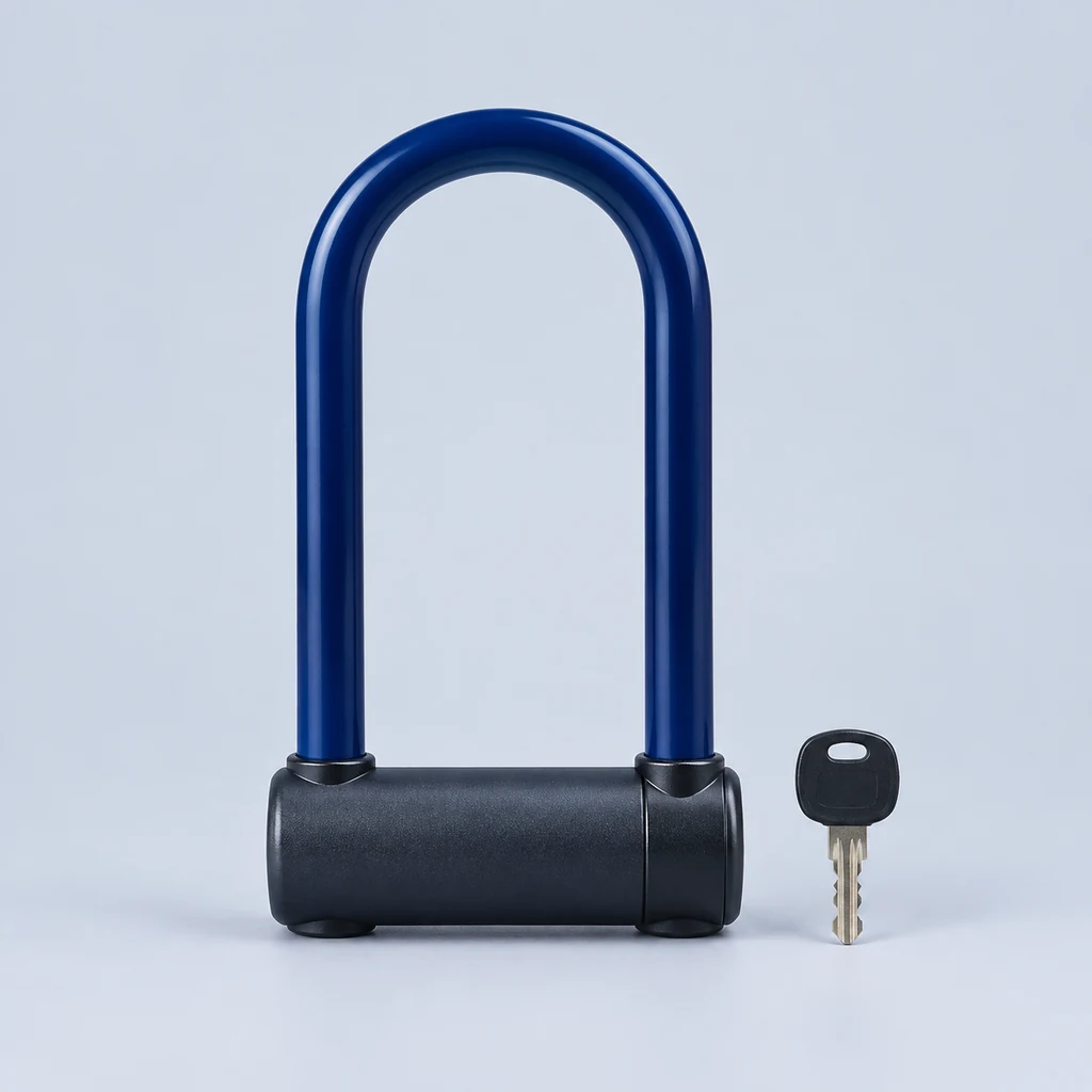 Heavy steel U-lock with blue coated shackle and key