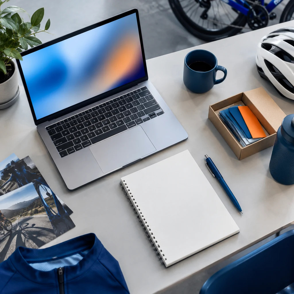 Desk with laptop, notepad and a small sample box