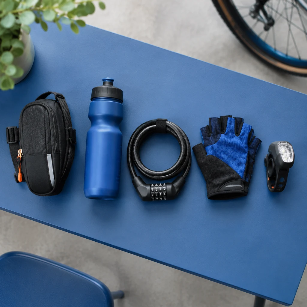 Cycling accessory samples laid out on a blue table