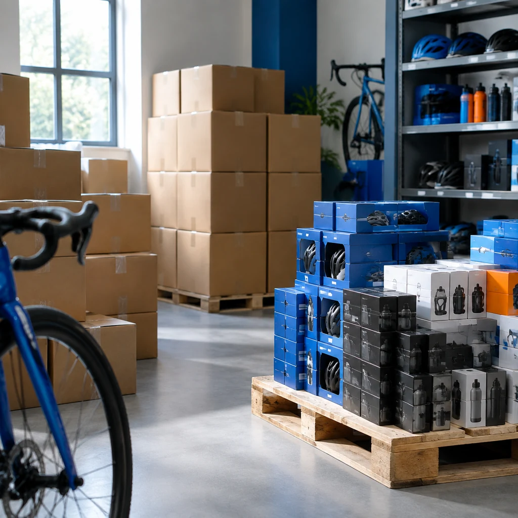 Stacked cartons of cycling accessories in a shop stockroom