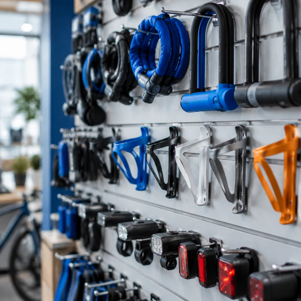 Slatwall of bike locks, bottle cages and lights sorted by type