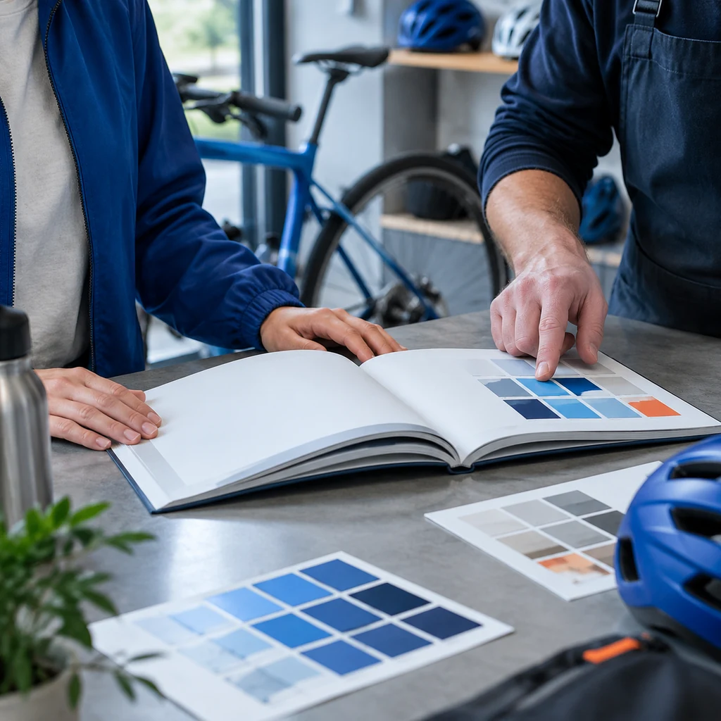 Sales agent's hands on an open catalogue at a bike shop counter